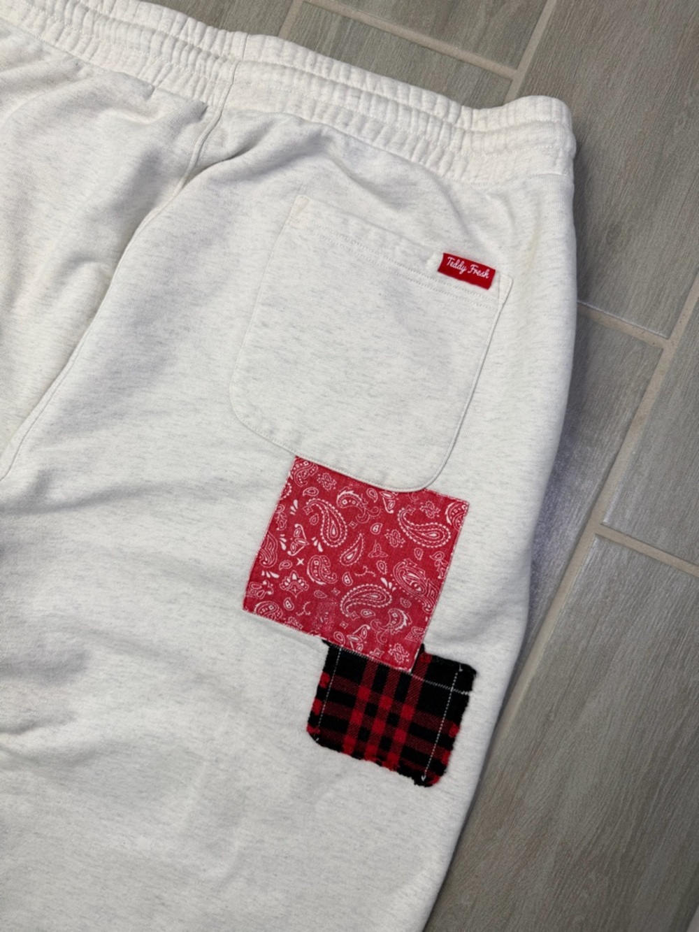 Teddy Fresh Gray Patchwork Jogger Sweatpants Drawstring Mens Size Large - Picture 6 of 9
